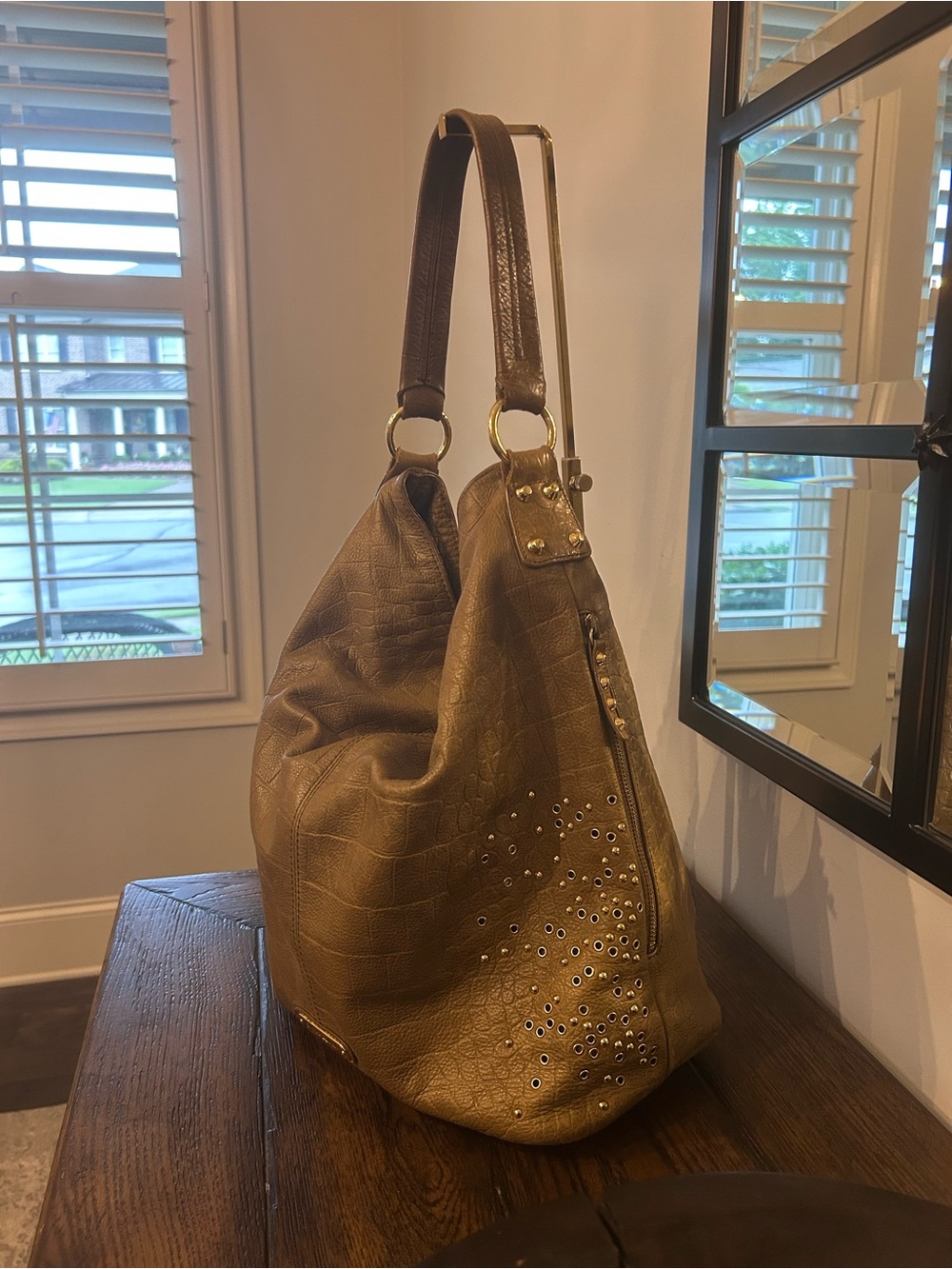 Cynthia Rowley Studded Brown Crocodile-Embossed Leather Hobo Bag - Picture 3 of 10